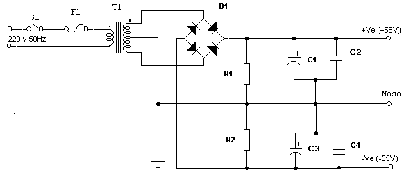 Fuente de alimentaci&oacute;n sim&eacute;trica no estabilizada +/-55V