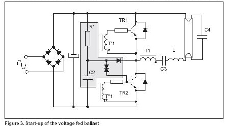 Voltage fed half-bridge quasi-resonant lamp ballast (startup circuit shown shaded grey).jpg